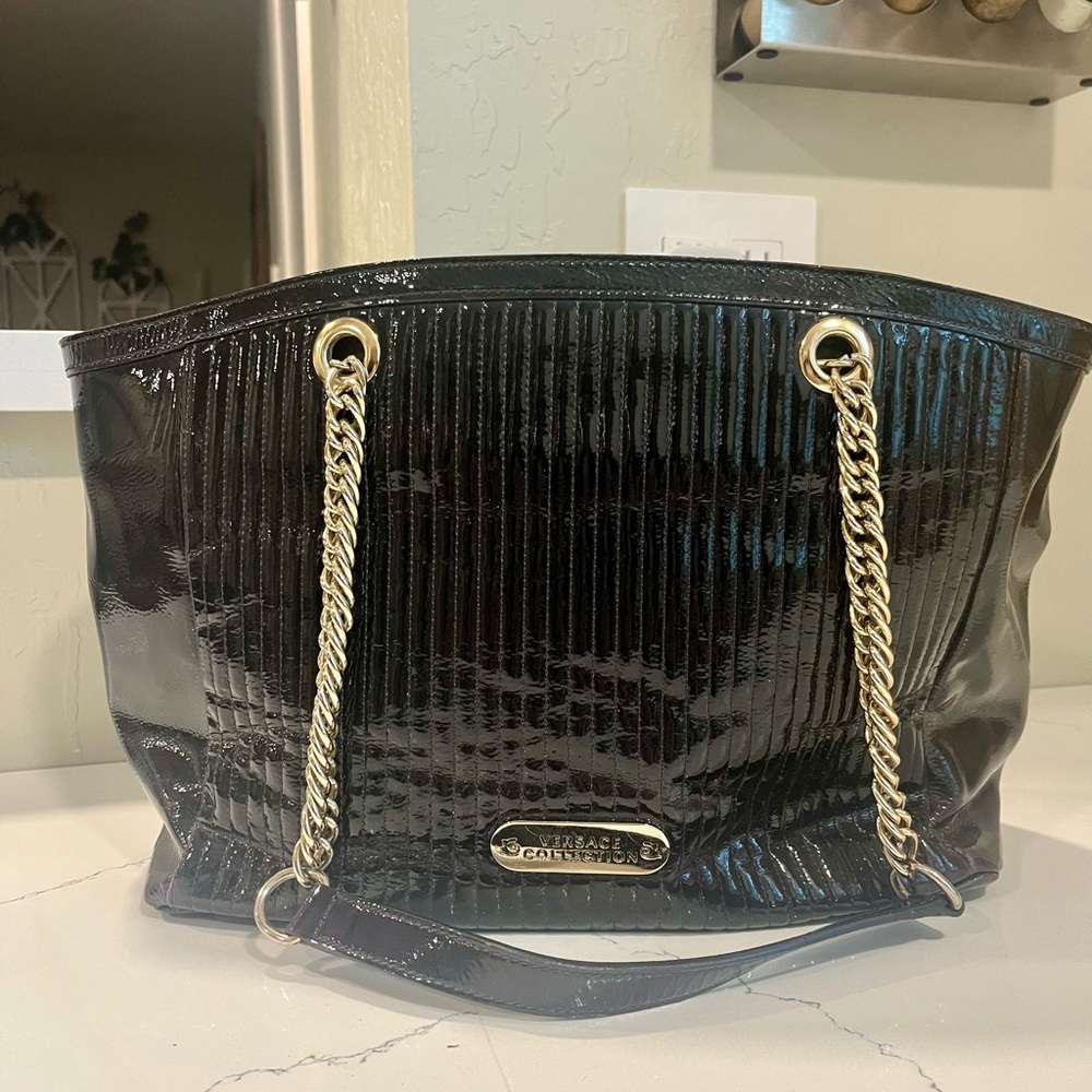 Versace Collection Black Tote Bag with Gold Accents